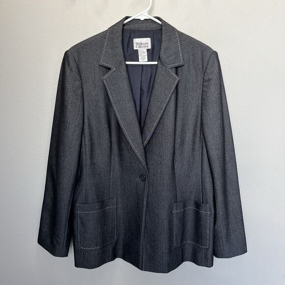 Style & Co Collection | Gray Topstitch Blazer Jacket Size 14 Shoulder Pads - Picture 2 of 5
